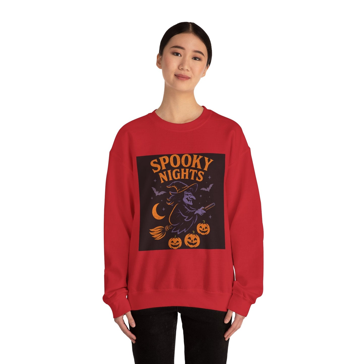 Spooky Nights Sweatshirt — Halloween Witch, Bats & Jack-O'-Lanterns Crewneck Printify