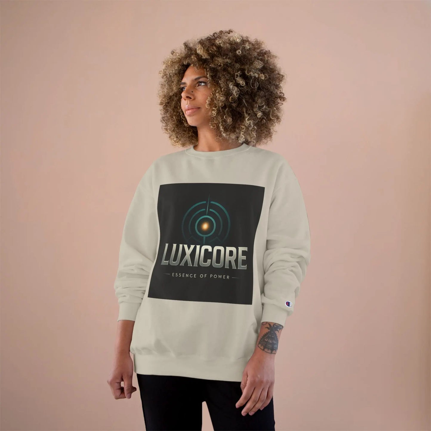 Luxicore Logo Sweatshirt — Retro Futuristic Tech Crewneck Printify