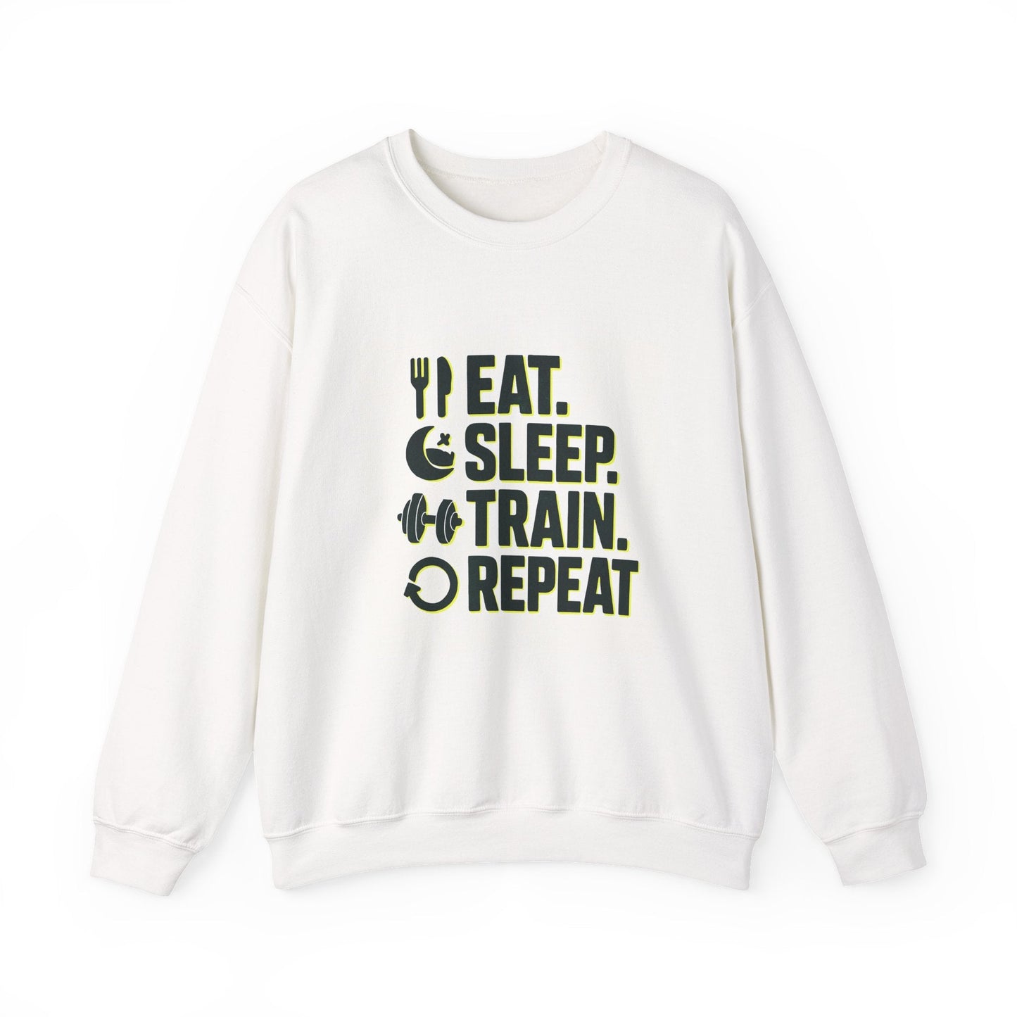 Train Repeat Crewneck Sweatshirt — "Eat. Sleep. Train. Repeat." Fitness Sweatshirt Printify