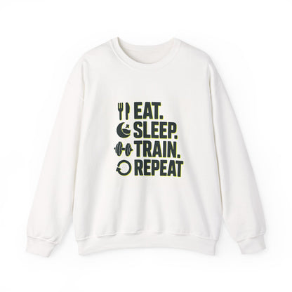 Train Repeat Crewneck Sweatshirt — "Eat. Sleep. Train. Repeat." Fitness Sweatshirt Printify