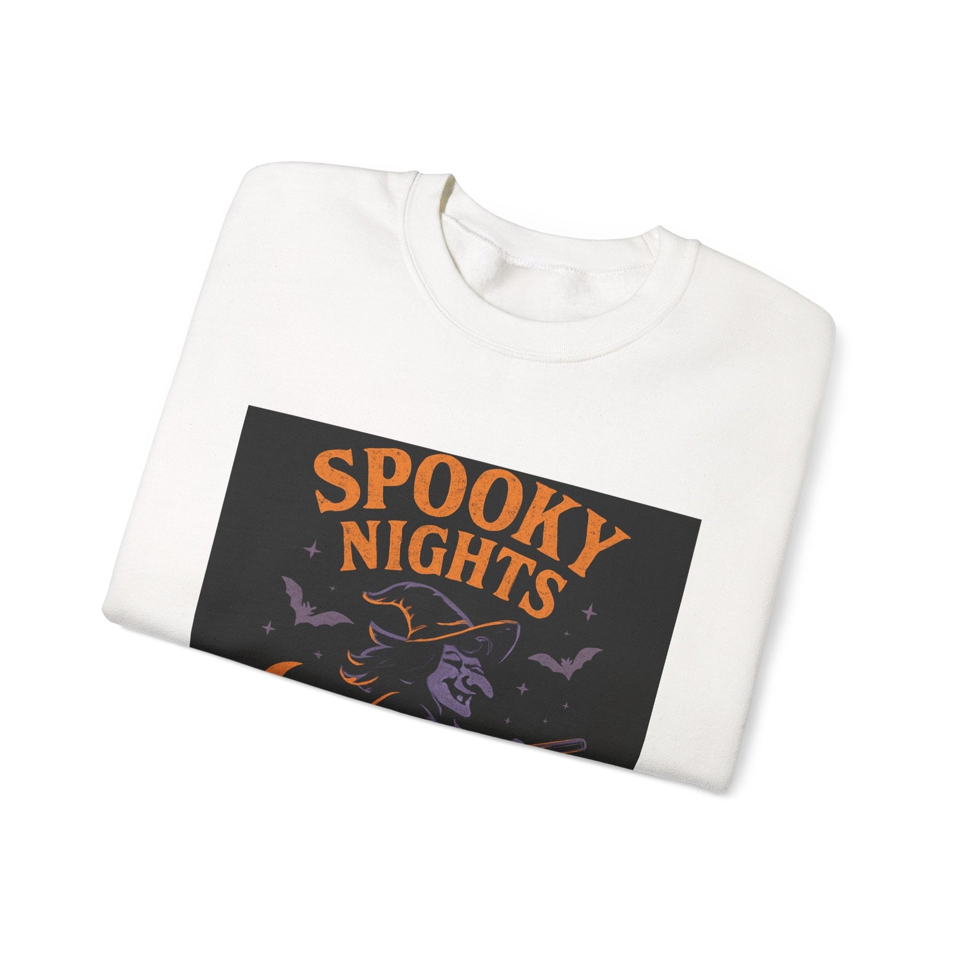 Spooky Nights Sweatshirt — Halloween Witch, Bats & Jack-O'-Lanterns Crewneck Printify