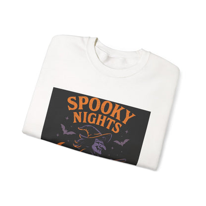 Spooky Nights Sweatshirt — Halloween Witch, Bats & Jack-O'-Lanterns Crewneck Printify