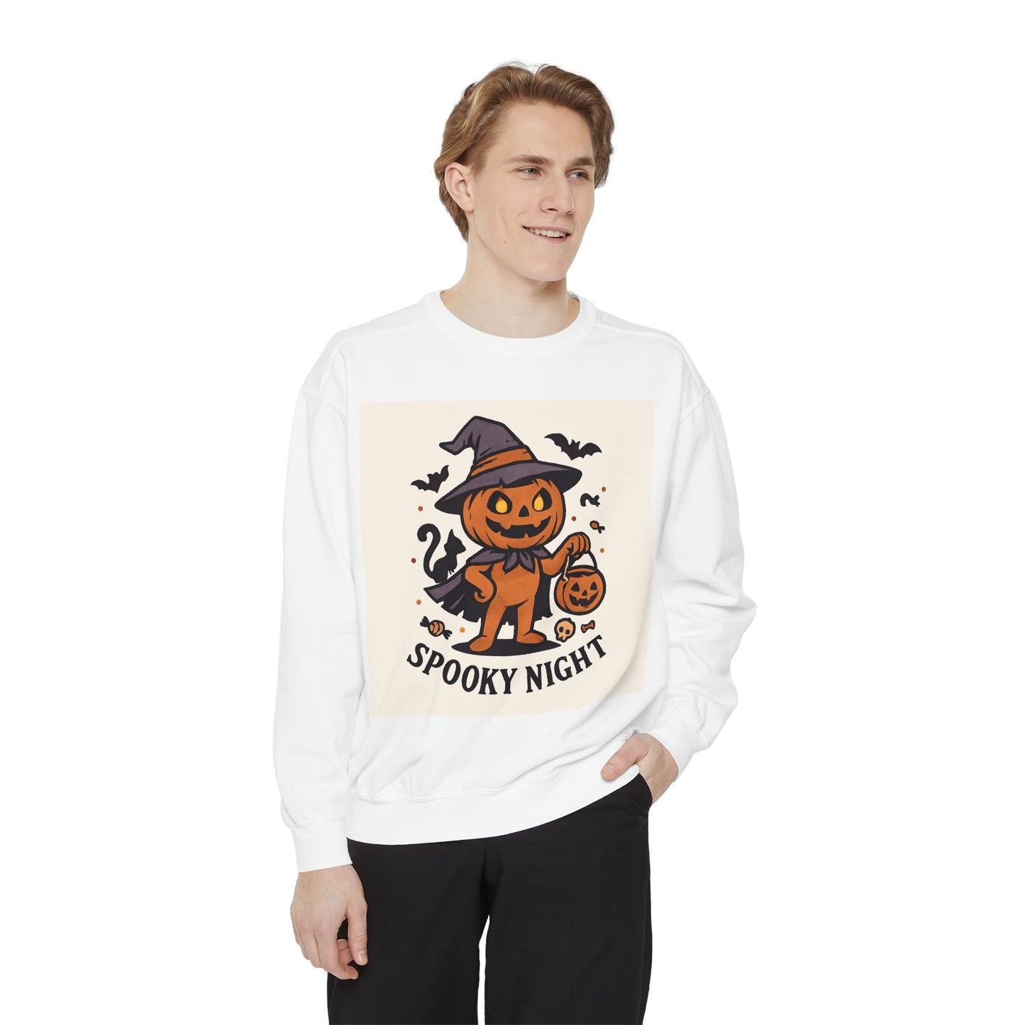 Halloween Pumpkin Sweatshirt — “Spooky Night” Jack-O’-Lantern Crewneck Printify