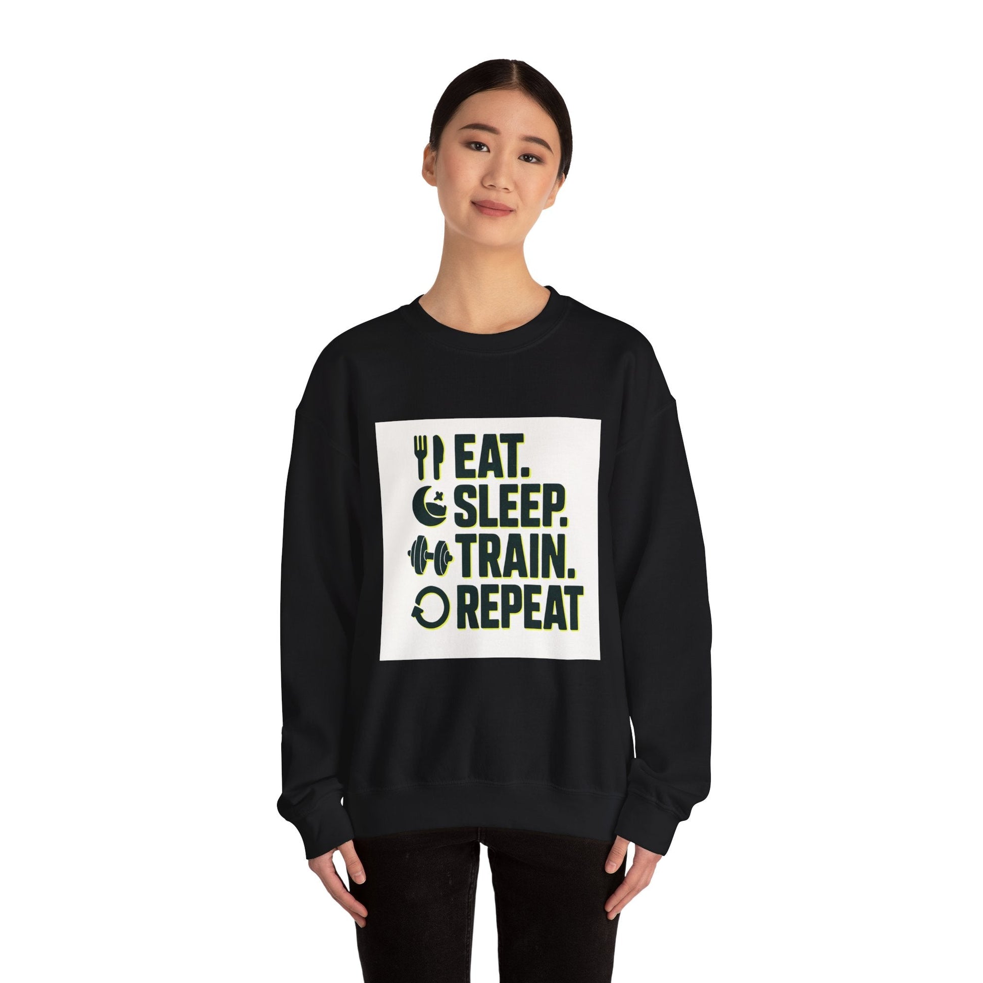 Train Repeat Crewneck Sweatshirt — "Eat. Sleep. Train. Repeat." Fitness Sweatshirt Printify