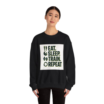 Train Repeat Crewneck Sweatshirt — "Eat. Sleep. Train. Repeat." Fitness Sweatshirt Printify