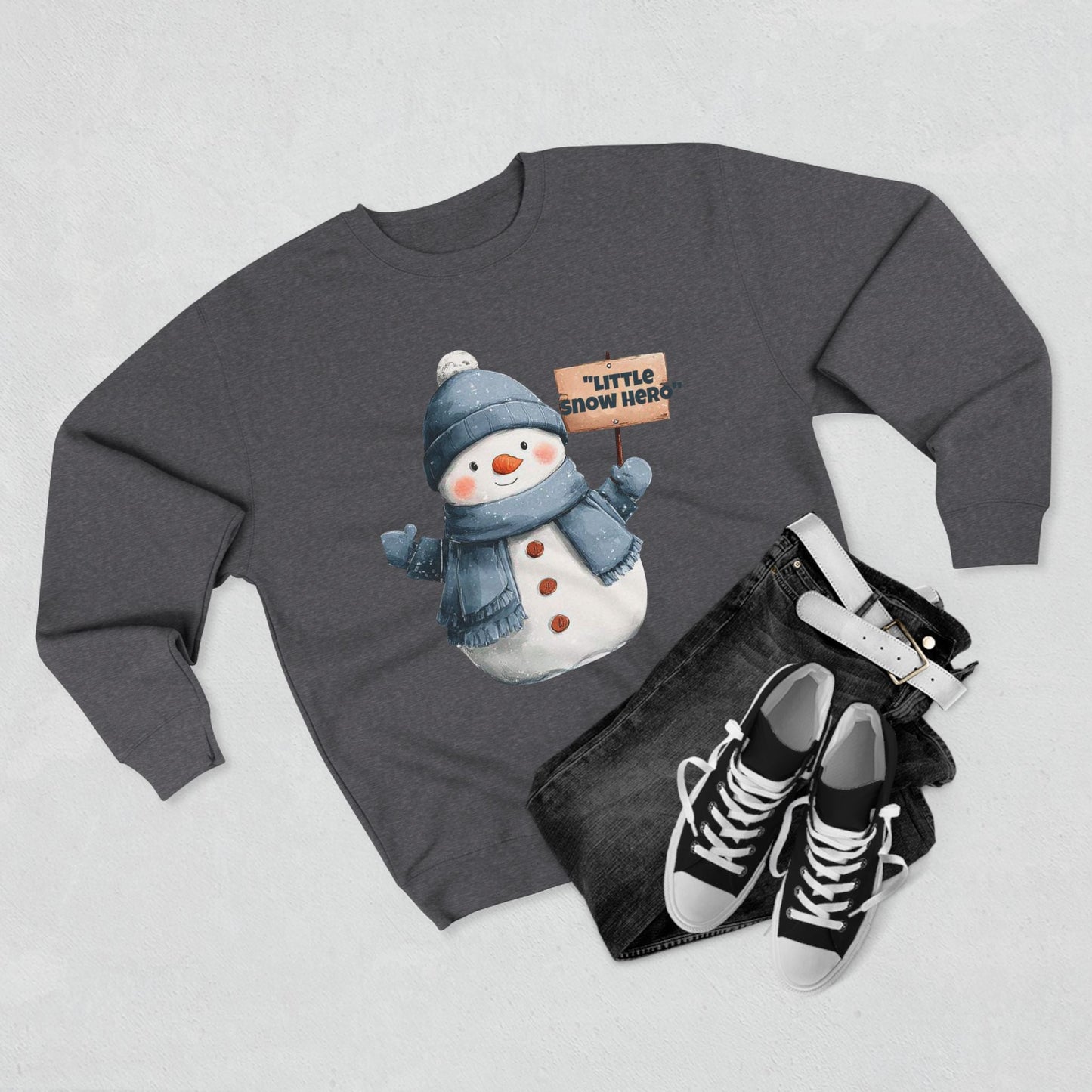 Snowman Sweatshirt - Cute 'Little Snow Hero' Holiday Crewneck Printify