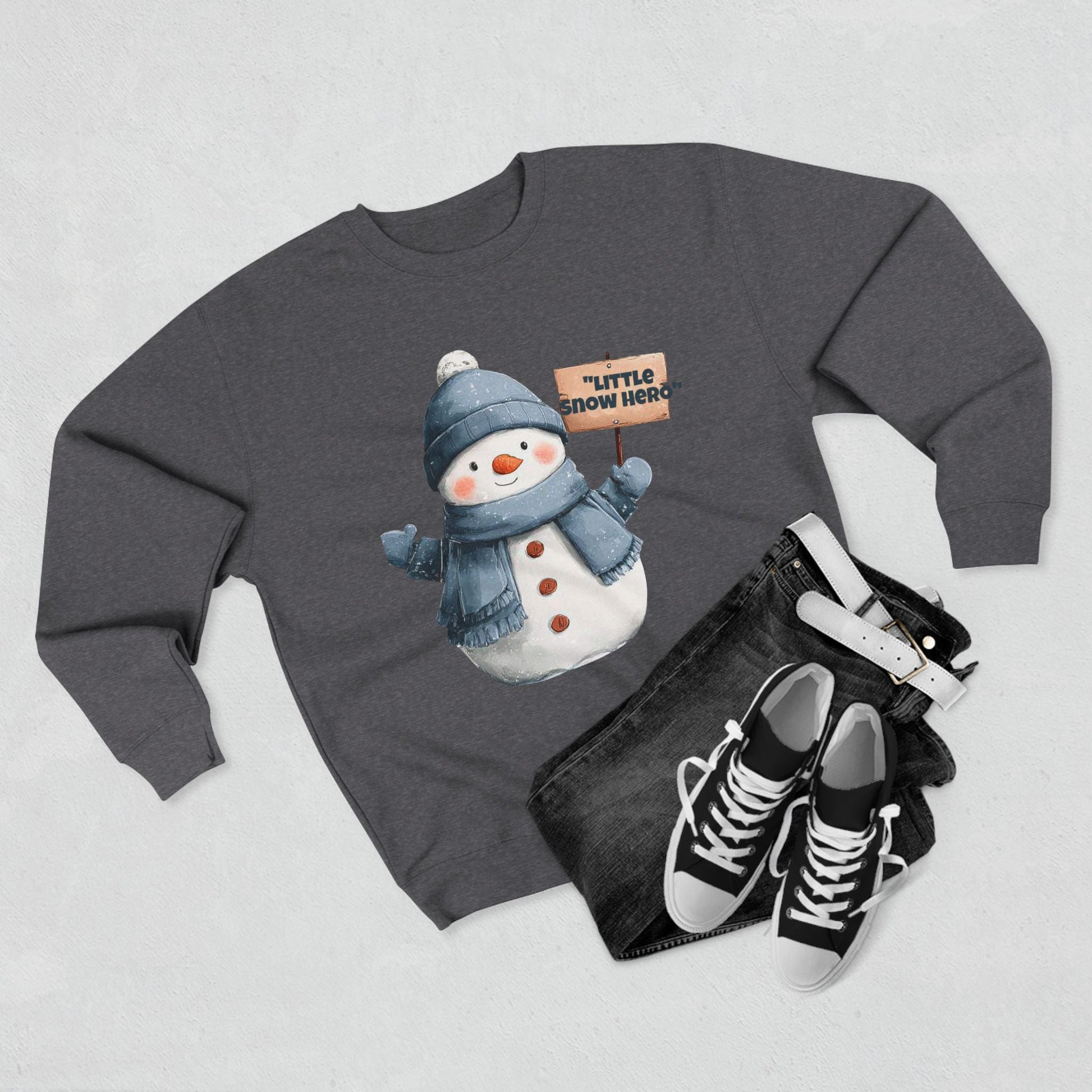 Snowman Sweatshirt - Cute 'Little Snow Hero' Holiday Crewneck Printify