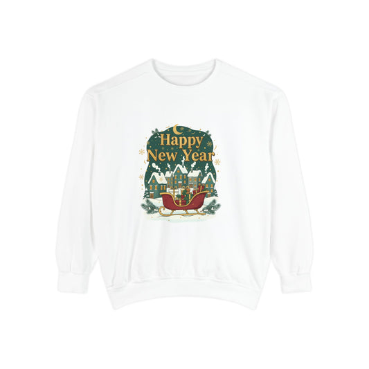 Happy New Year Sweatshirt — Festive Sleigh Village Holiday Crewneck