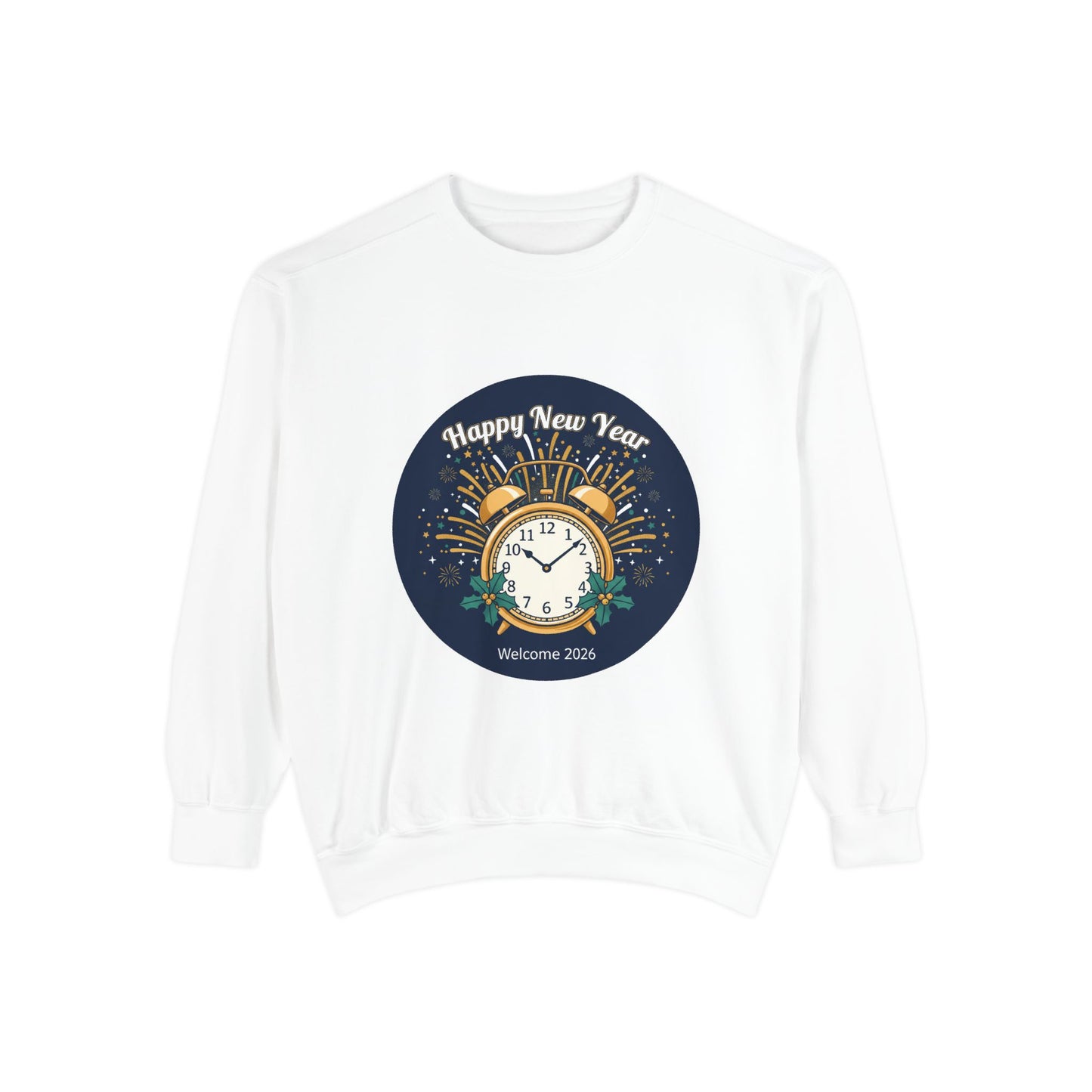 New Year Sweatshirt — "Happy New Year" Clock & Fireworks Graphic