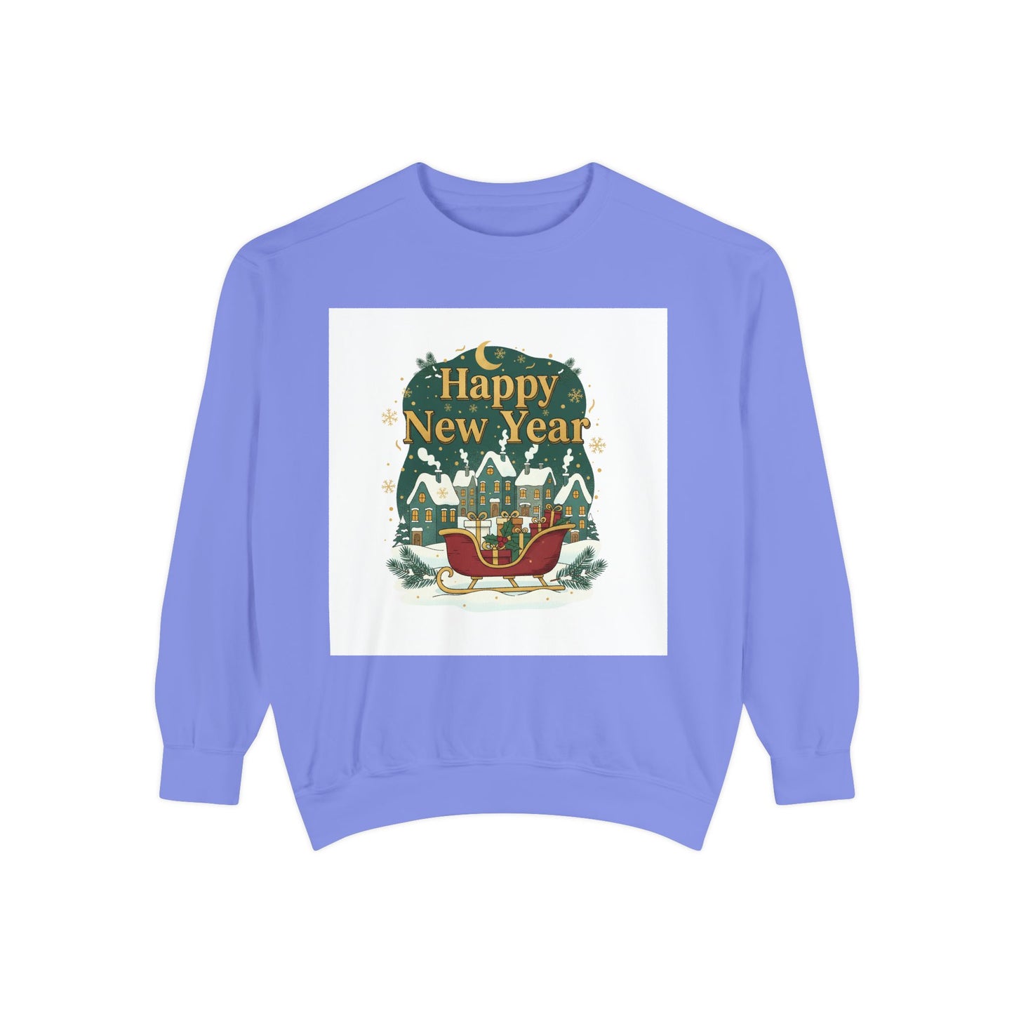 Happy New Year Sweatshirt — Festive Sleigh Village Holiday Crewneck