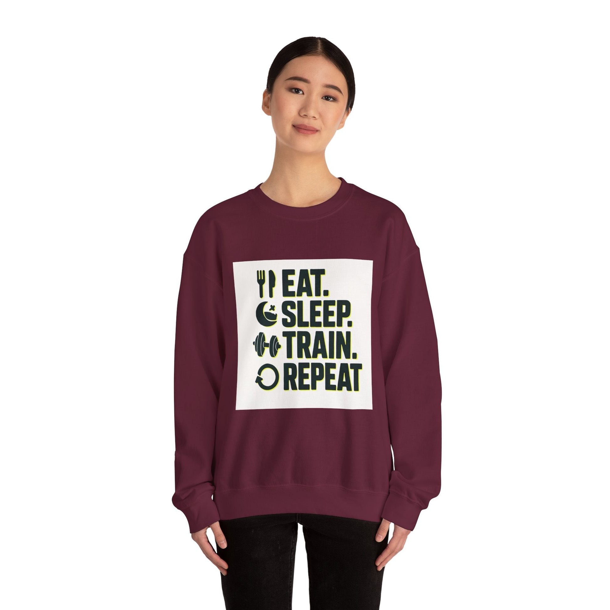 Train Repeat Crewneck Sweatshirt — "Eat. Sleep. Train. Repeat." Fitness Sweatshirt Printify