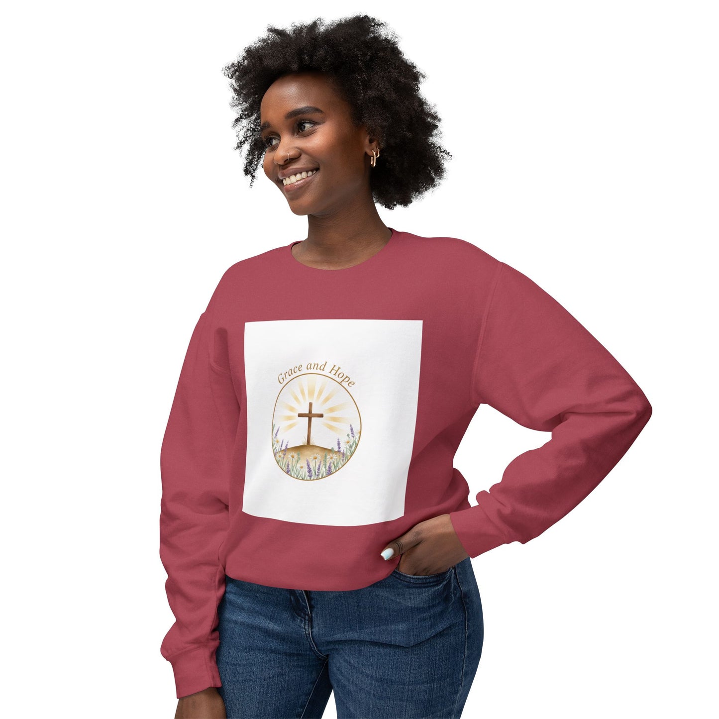 Christian Cross Crewneck Sweatshirt — "Grace and Hope" Sunrise Design