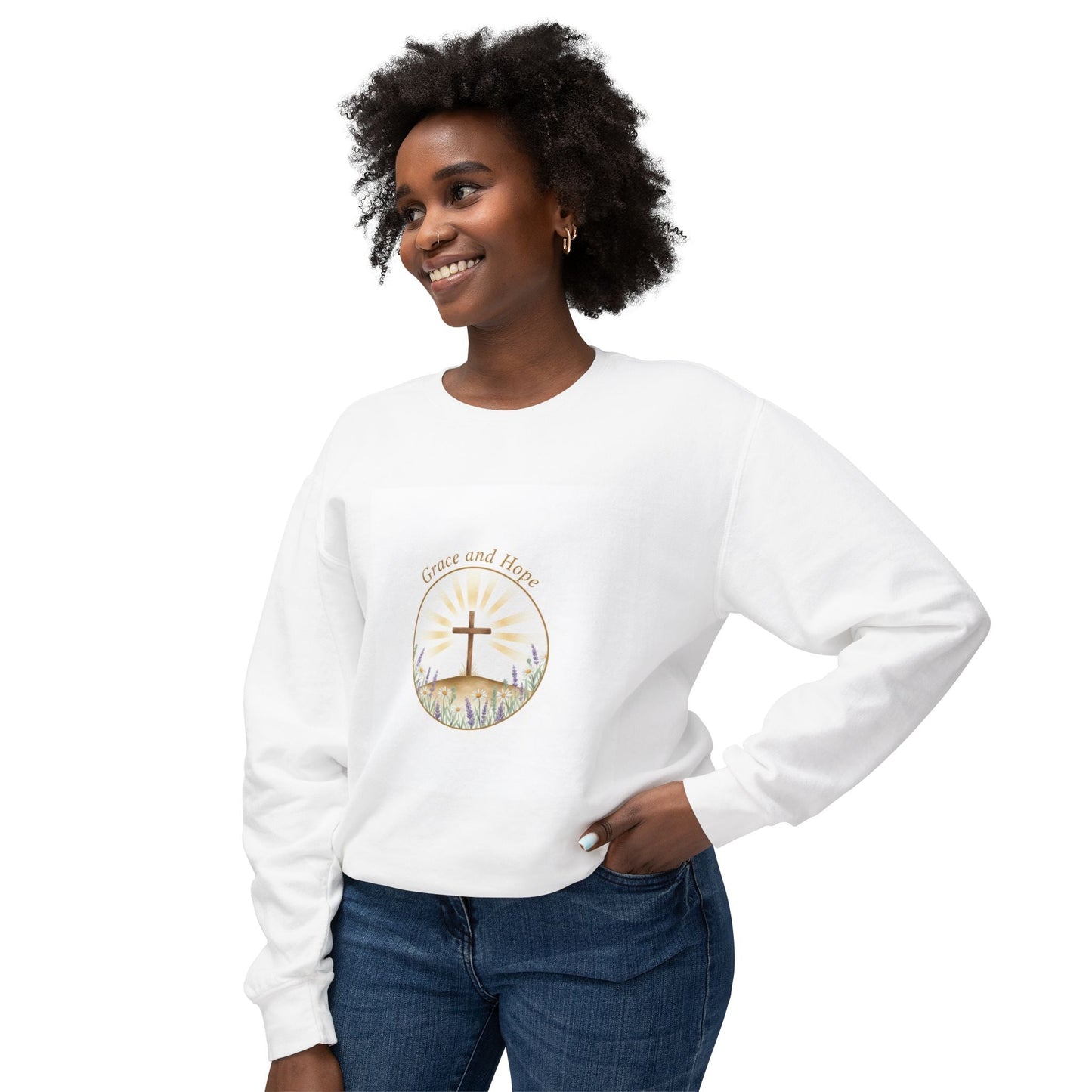 Christian Cross Crewneck Sweatshirt — "Grace and Hope" Sunrise Design Printify