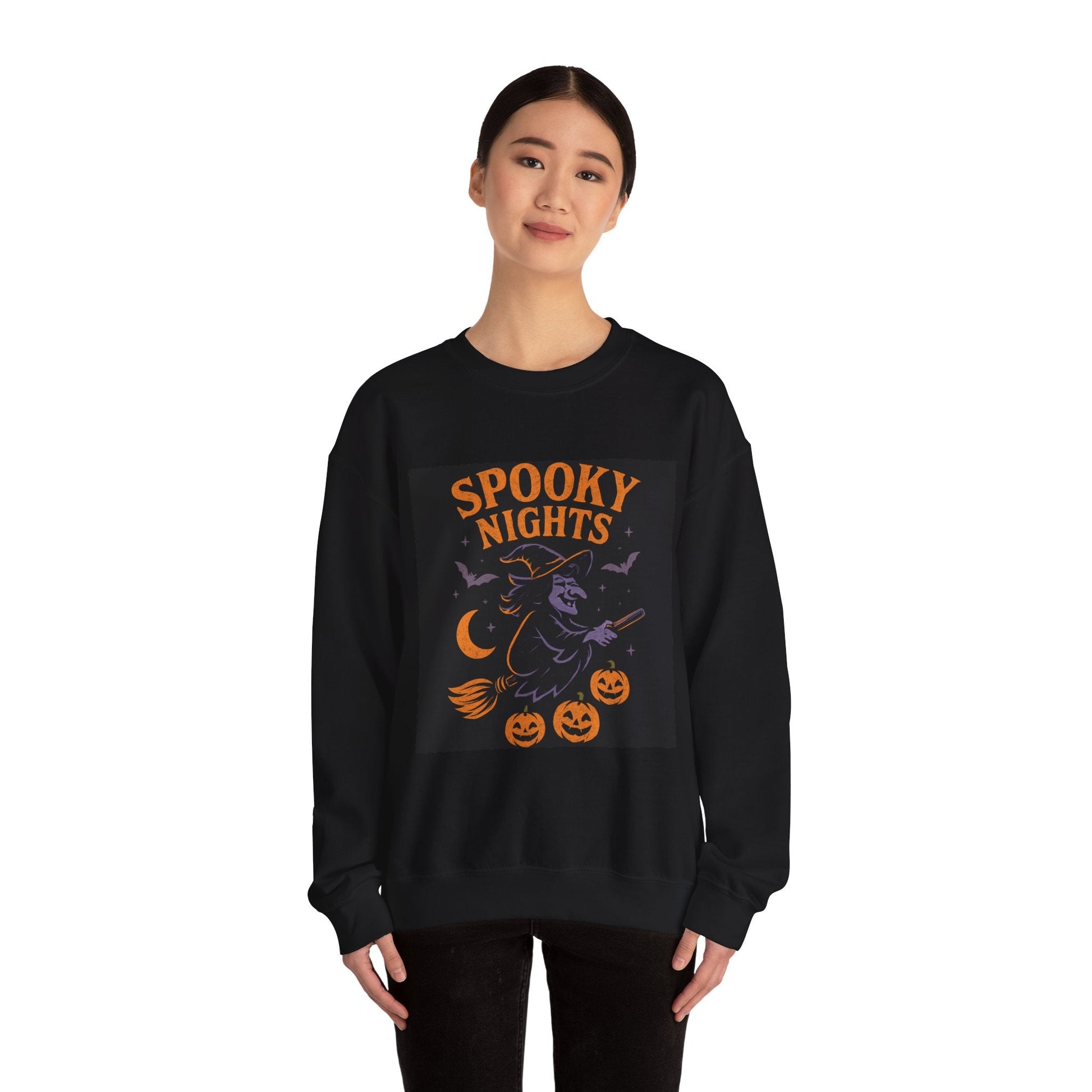 Spooky Nights Sweatshirt — Halloween Witch, Bats & Jack-O'-Lanterns Crewneck Printify