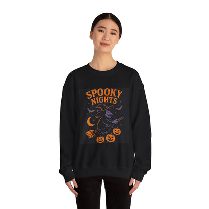 Spooky Nights Sweatshirt — Halloween Witch, Bats & Jack-O'-Lanterns Crewneck Printify
