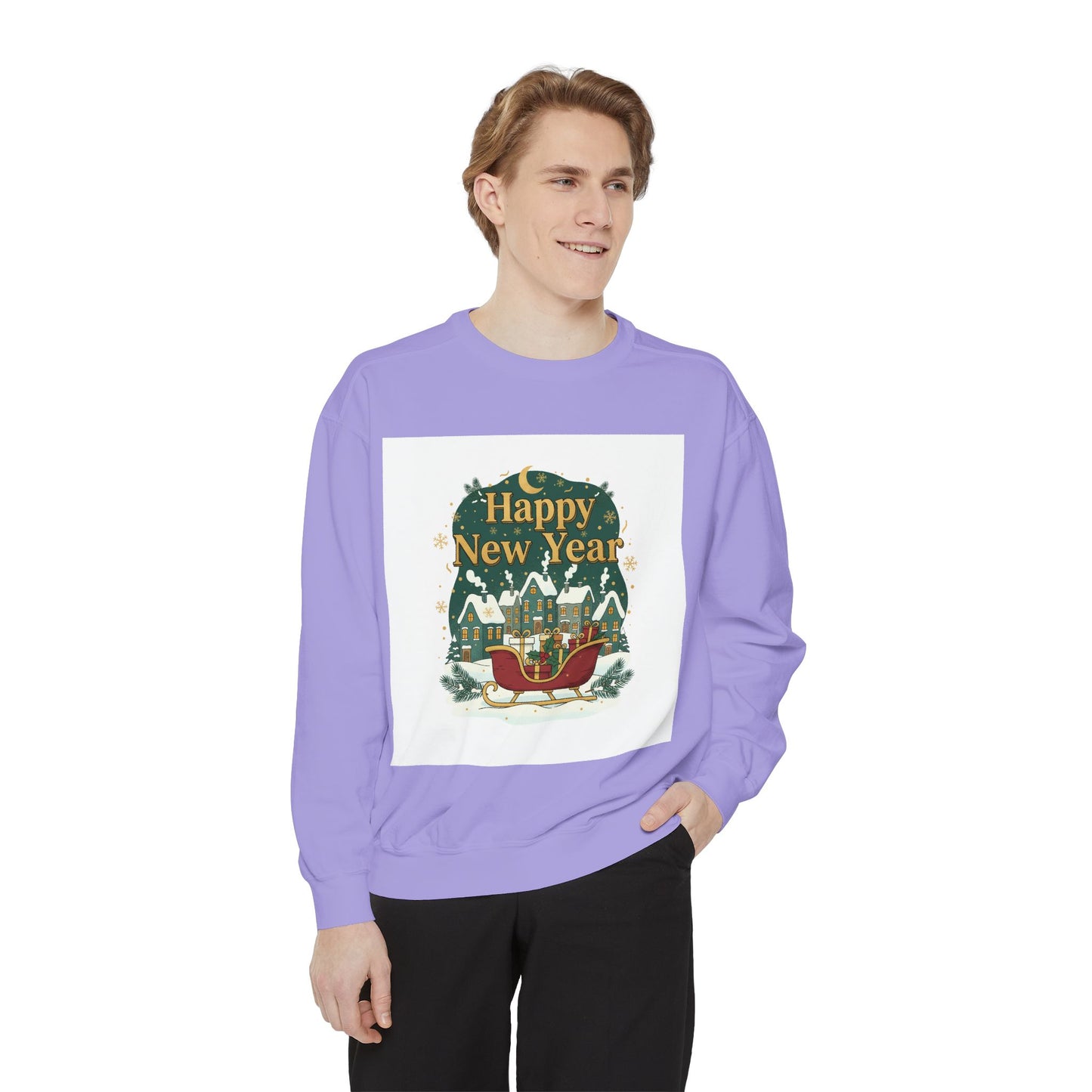 Happy New Year Sweatshirt — Festive Sleigh Village Holiday Crewneck
