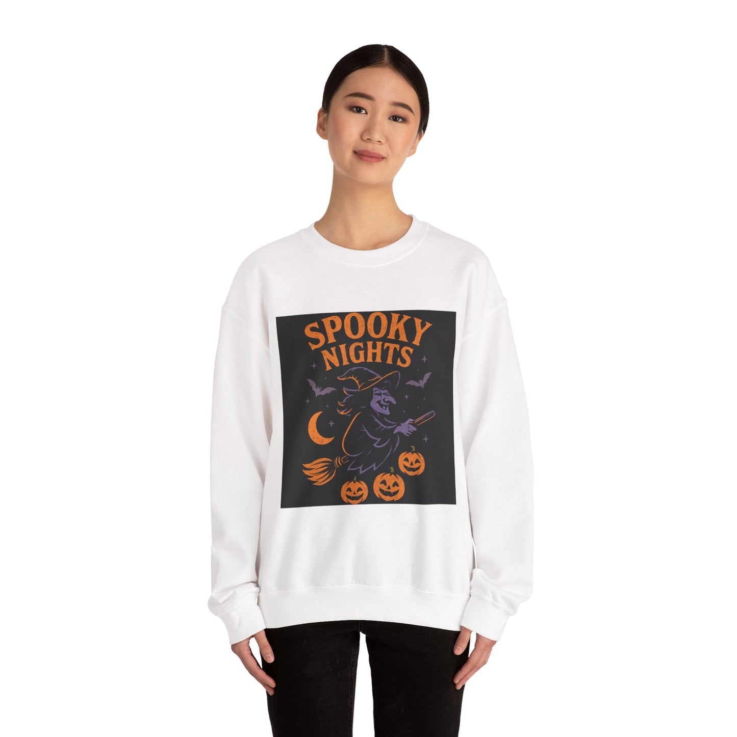 Spooky Nights Sweatshirt — Halloween Witch, Bats & Jack-O'-Lanterns Crewneck Printify