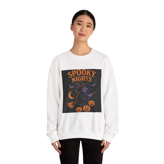 Spooky Nights Sweatshirt — Halloween Witch, Bats & Jack-O'-Lanterns Crewneck Printify