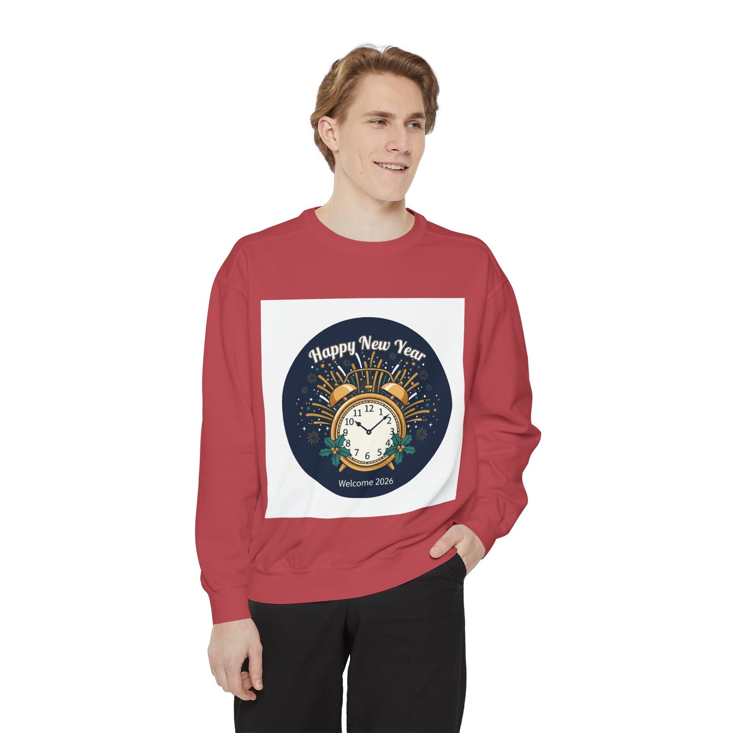 New Year Sweatshirt — "Happy New Year" Clock & Fireworks Graphic