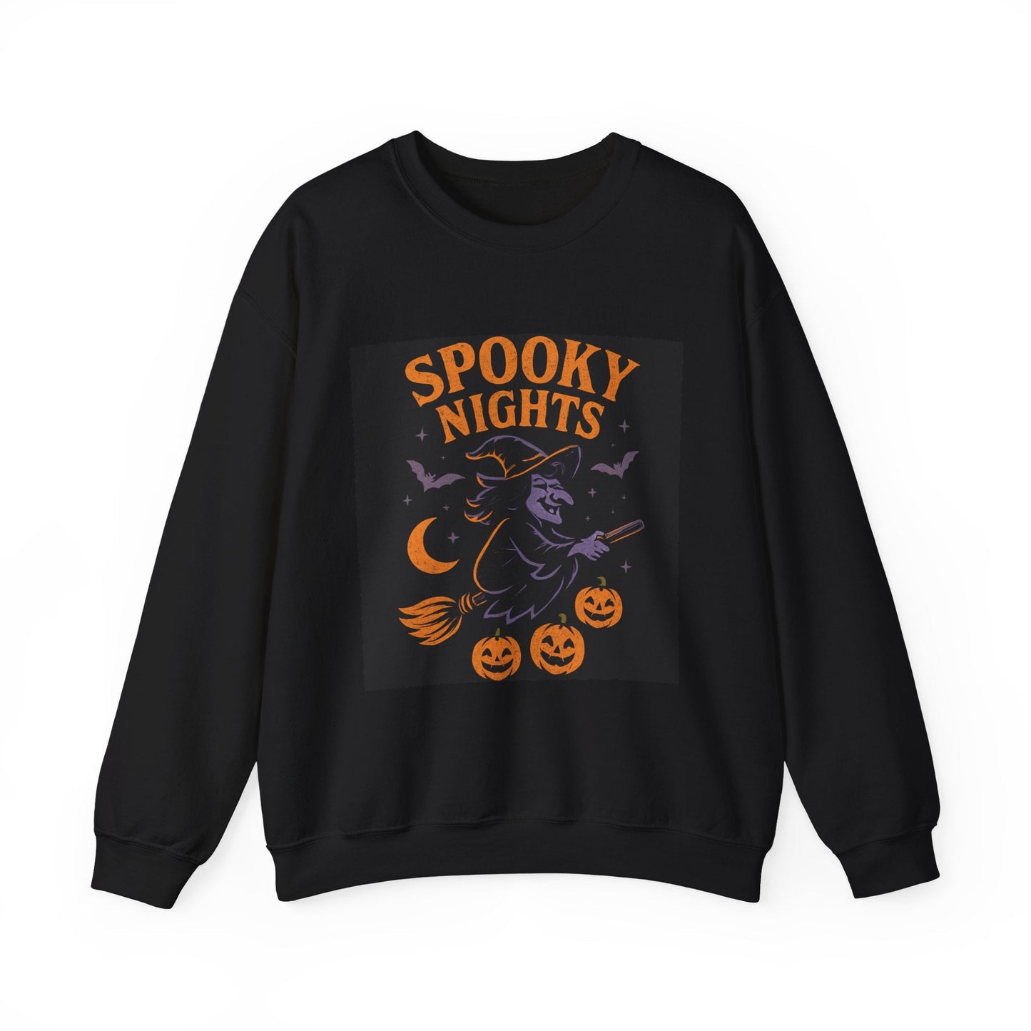 Spooky Nights Sweatshirt — Halloween Witch, Bats & Jack-O'-Lanterns Crewneck Printify