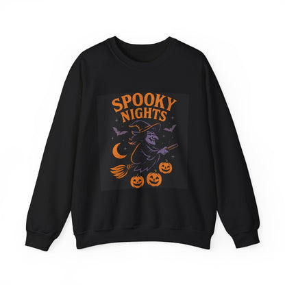 Spooky Nights Sweatshirt — Halloween Witch, Bats & Jack-O'-Lanterns Crewneck Printify