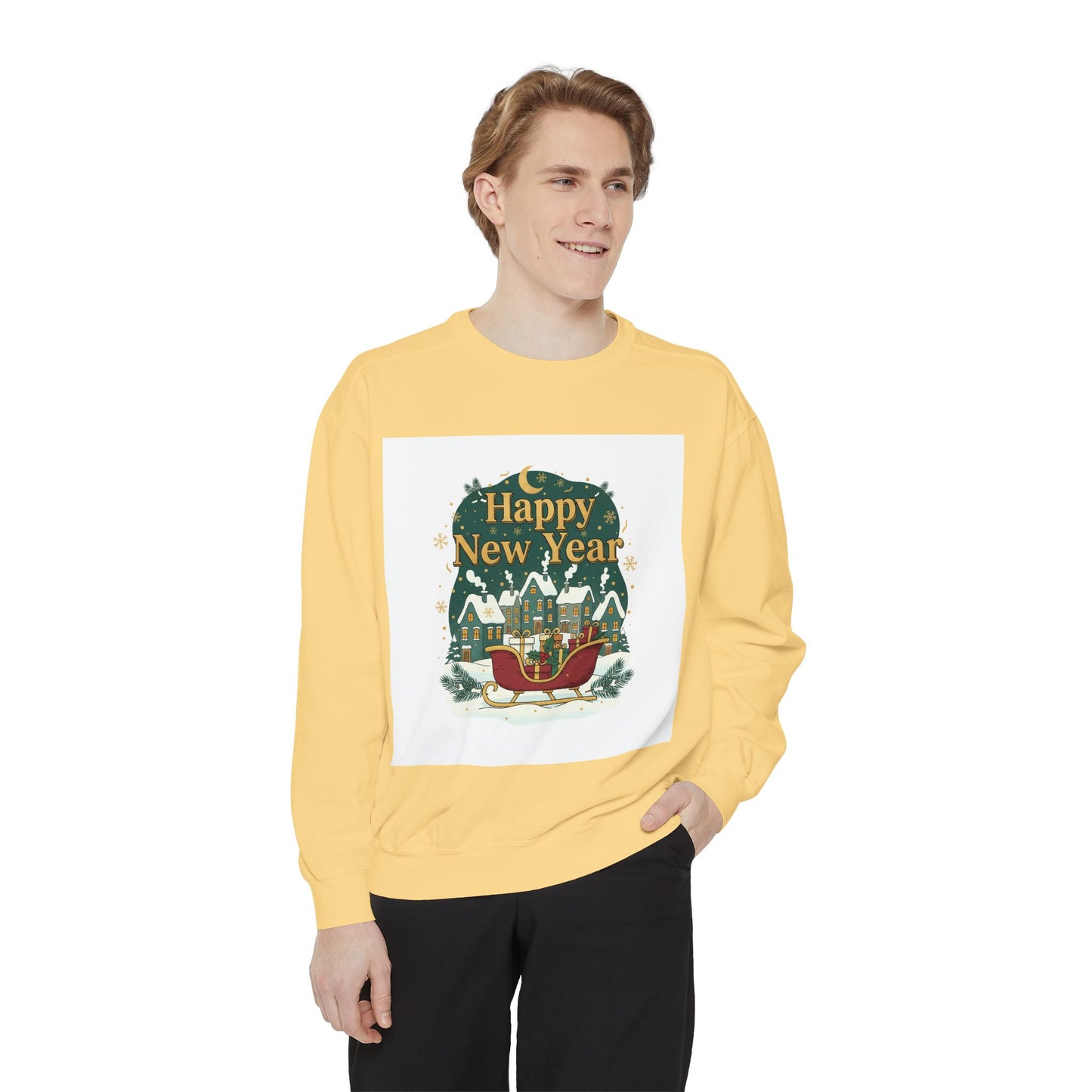 Happy New Year Sweatshirt — Festive Sleigh Village Holiday Crewneck
