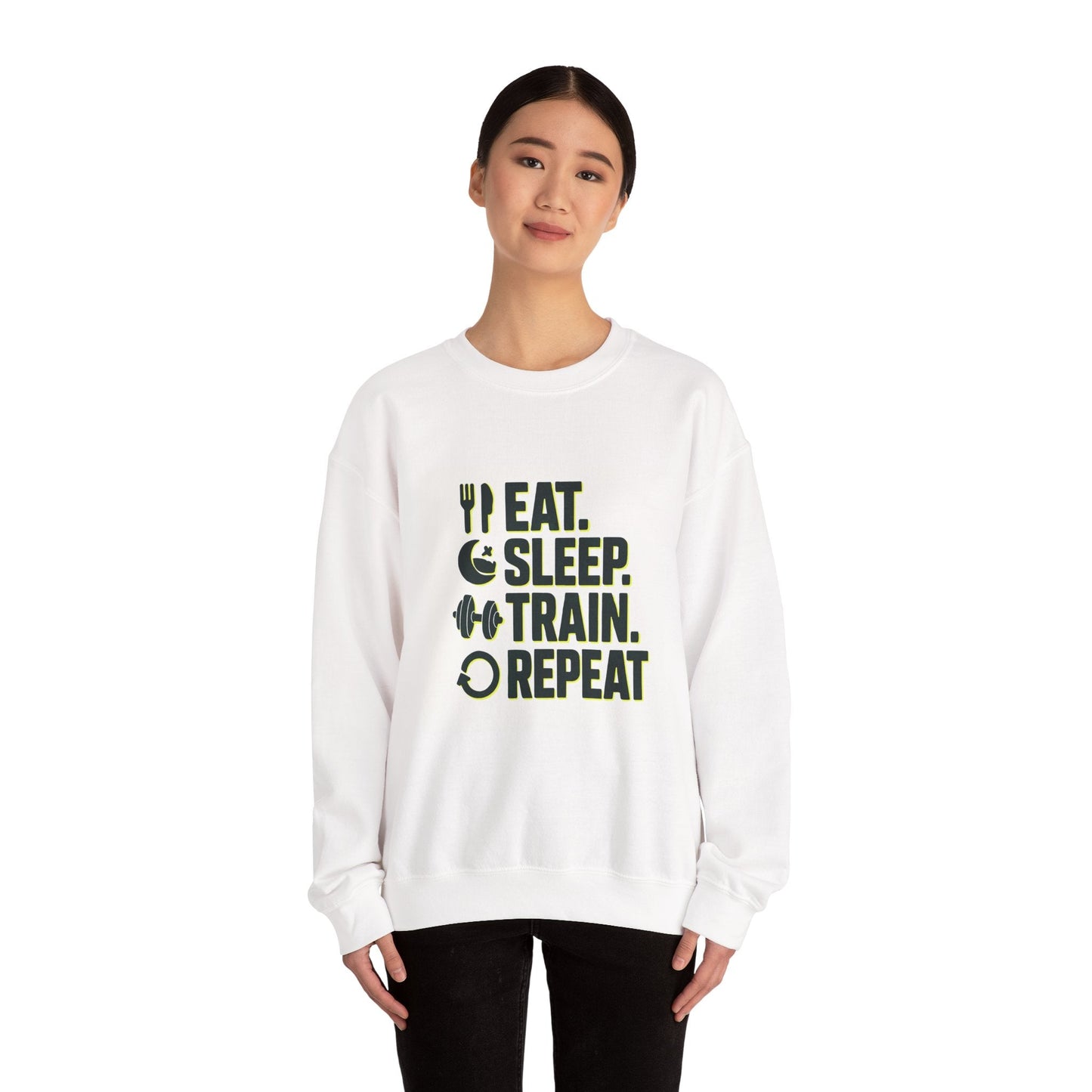 Train Repeat Crewneck Sweatshirt — "Eat. Sleep. Train. Repeat." Fitness Sweatshirt Printify