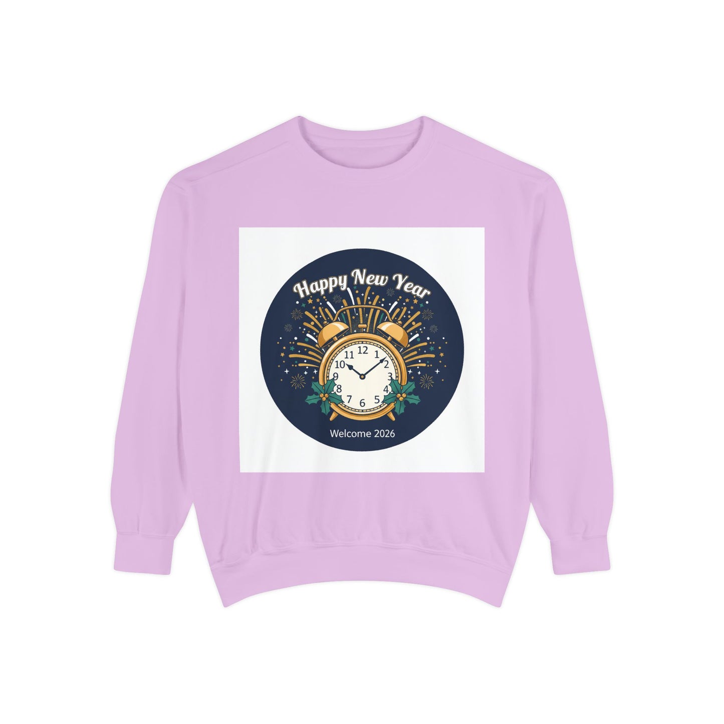 New Year Sweatshirt — "Happy New Year" Clock & Fireworks Graphic