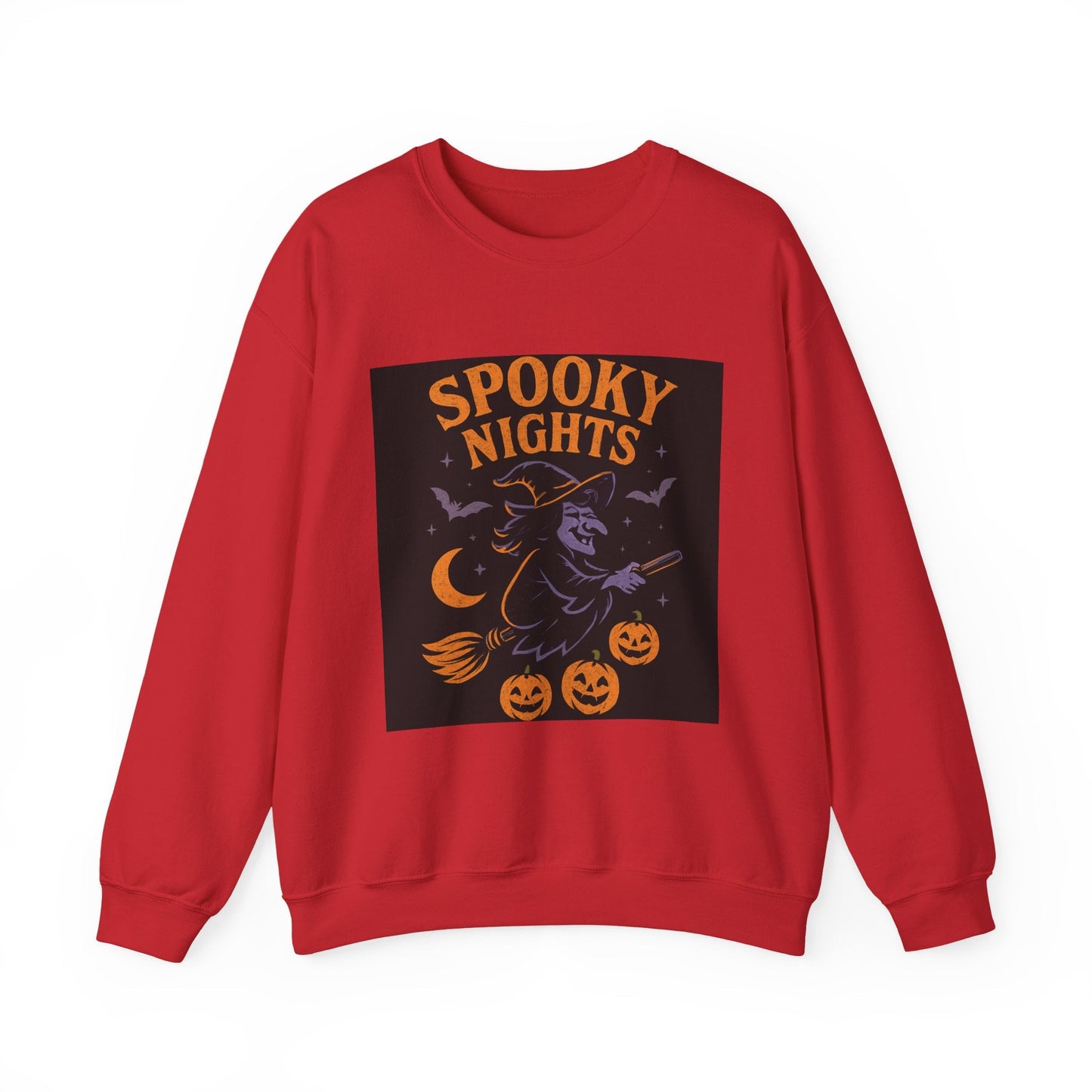 Spooky Nights Sweatshirt — Halloween Witch, Bats & Jack-O'-Lanterns Crewneck Printify