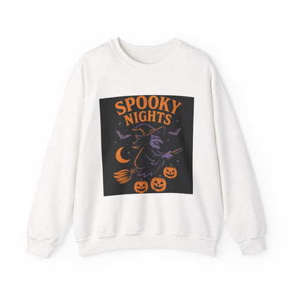 Spooky Nights Sweatshirt — Halloween Witch, Bats & Jack-O'-Lanterns Crewneck Printify