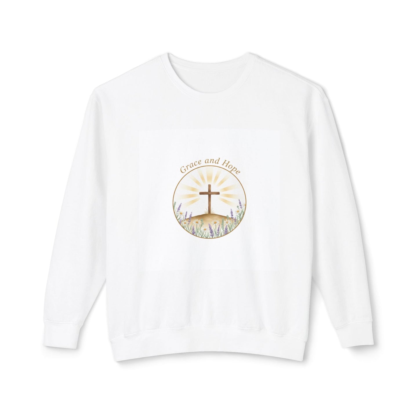Christian Cross Crewneck Sweatshirt — "Grace and Hope" Sunrise Design Printify