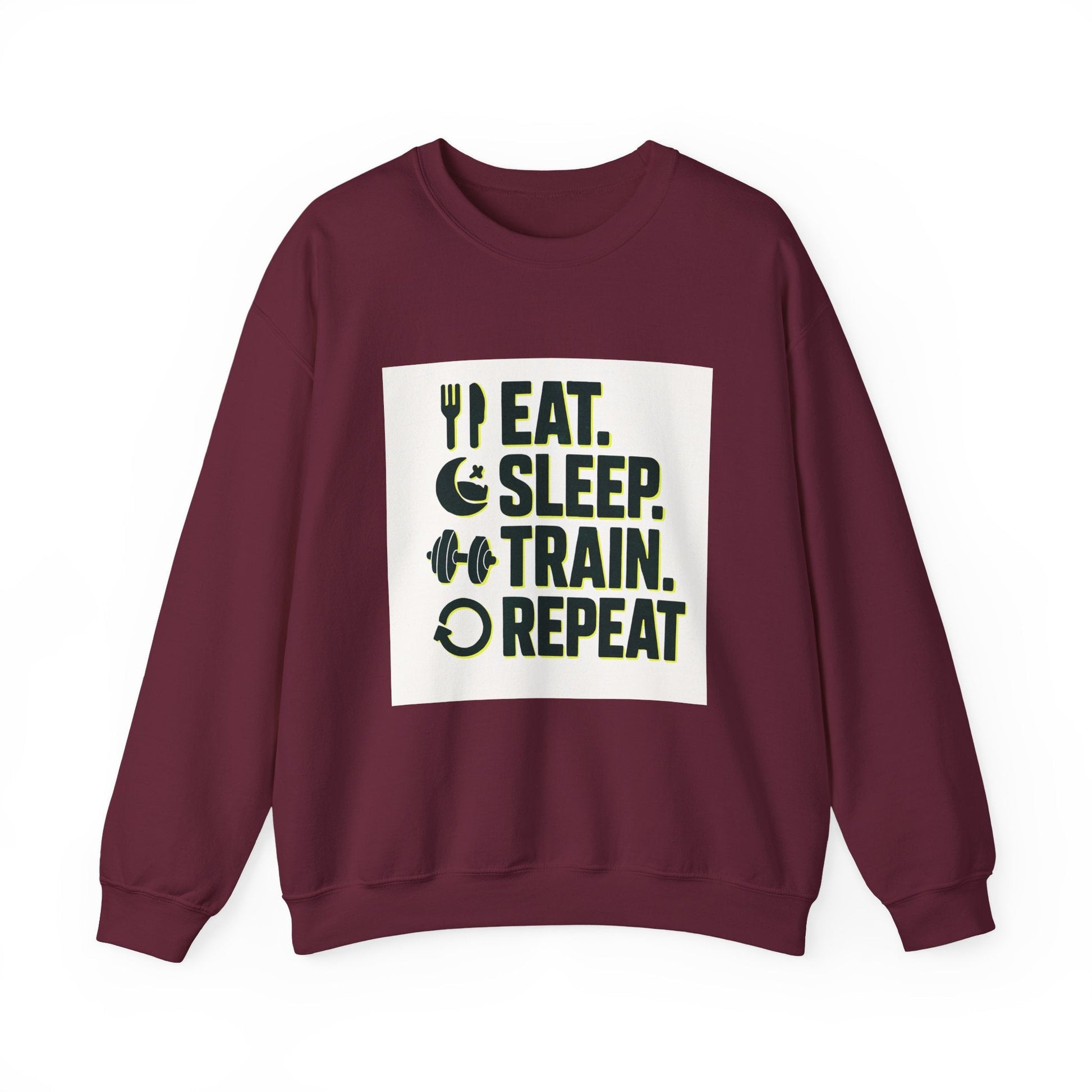 Train Repeat Crewneck Sweatshirt — "Eat. Sleep. Train. Repeat." Fitness Sweatshirt Printify
