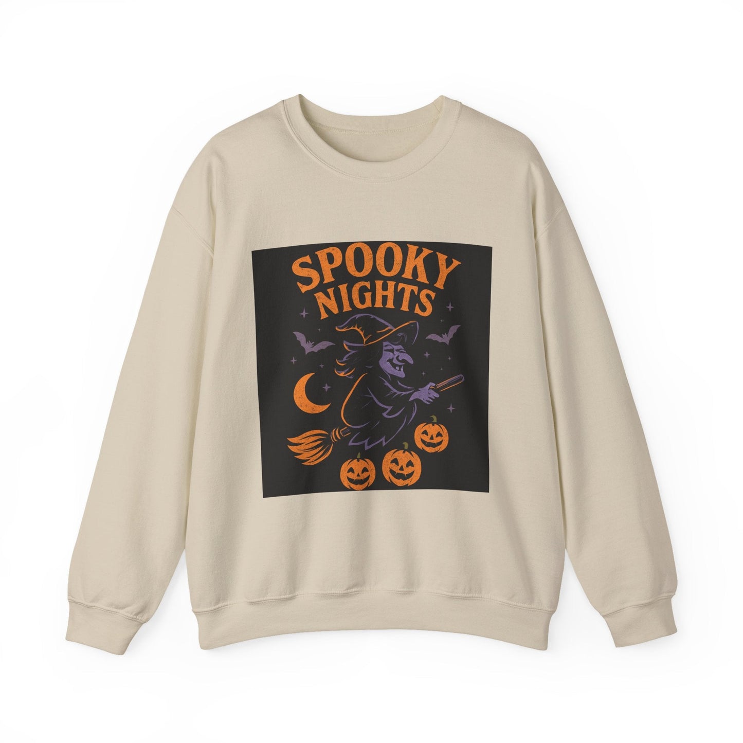 Spooky Nights Sweatshirt — Halloween Witch, Bats & Jack-O'-Lanterns Crewneck Printify