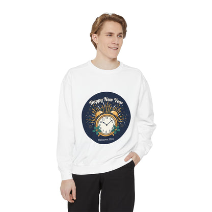 New Year Sweatshirt — "Happy New Year" Clock & Fireworks Graphic