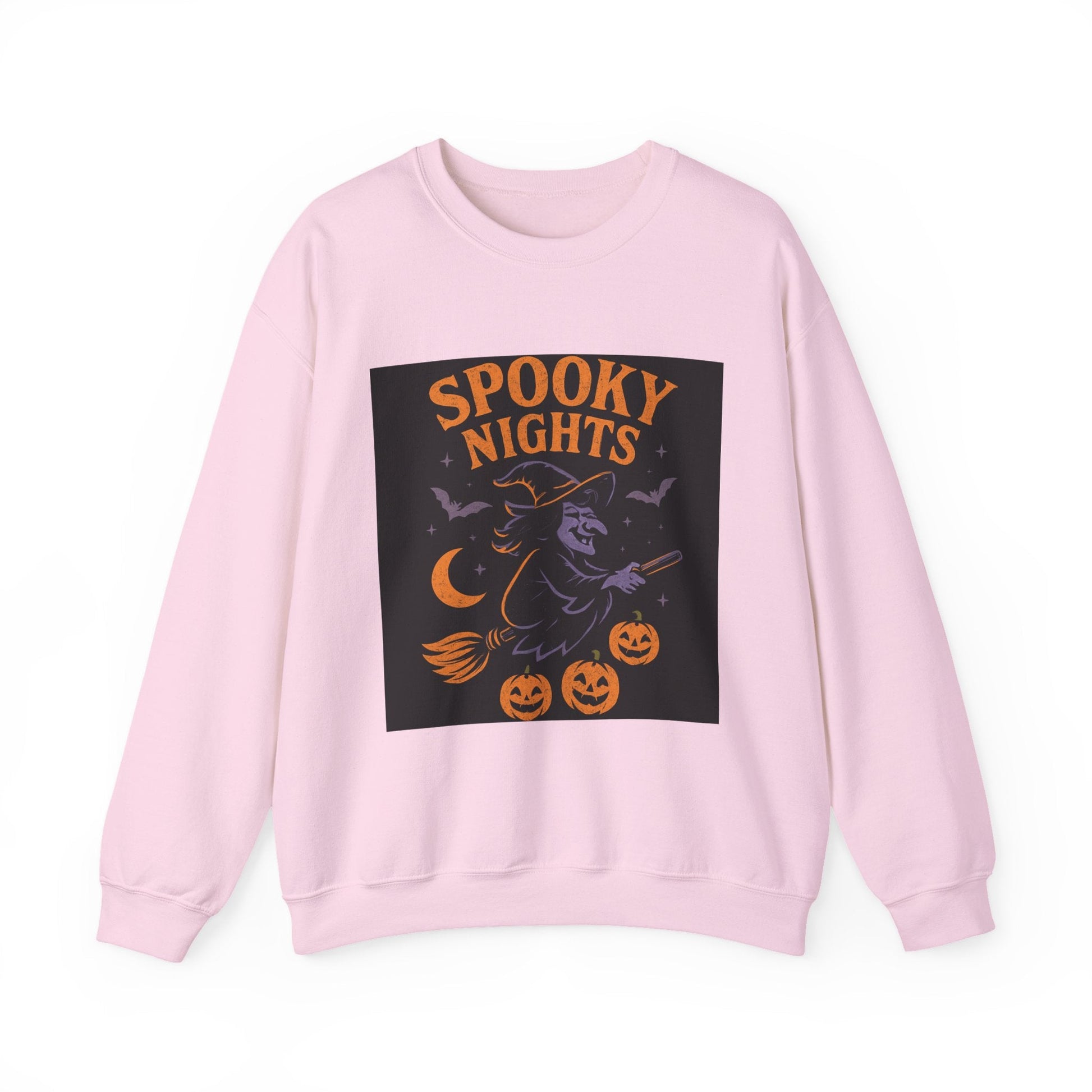 Spooky Nights Sweatshirt — Halloween Witch, Bats & Jack-O'-Lanterns Crewneck Printify