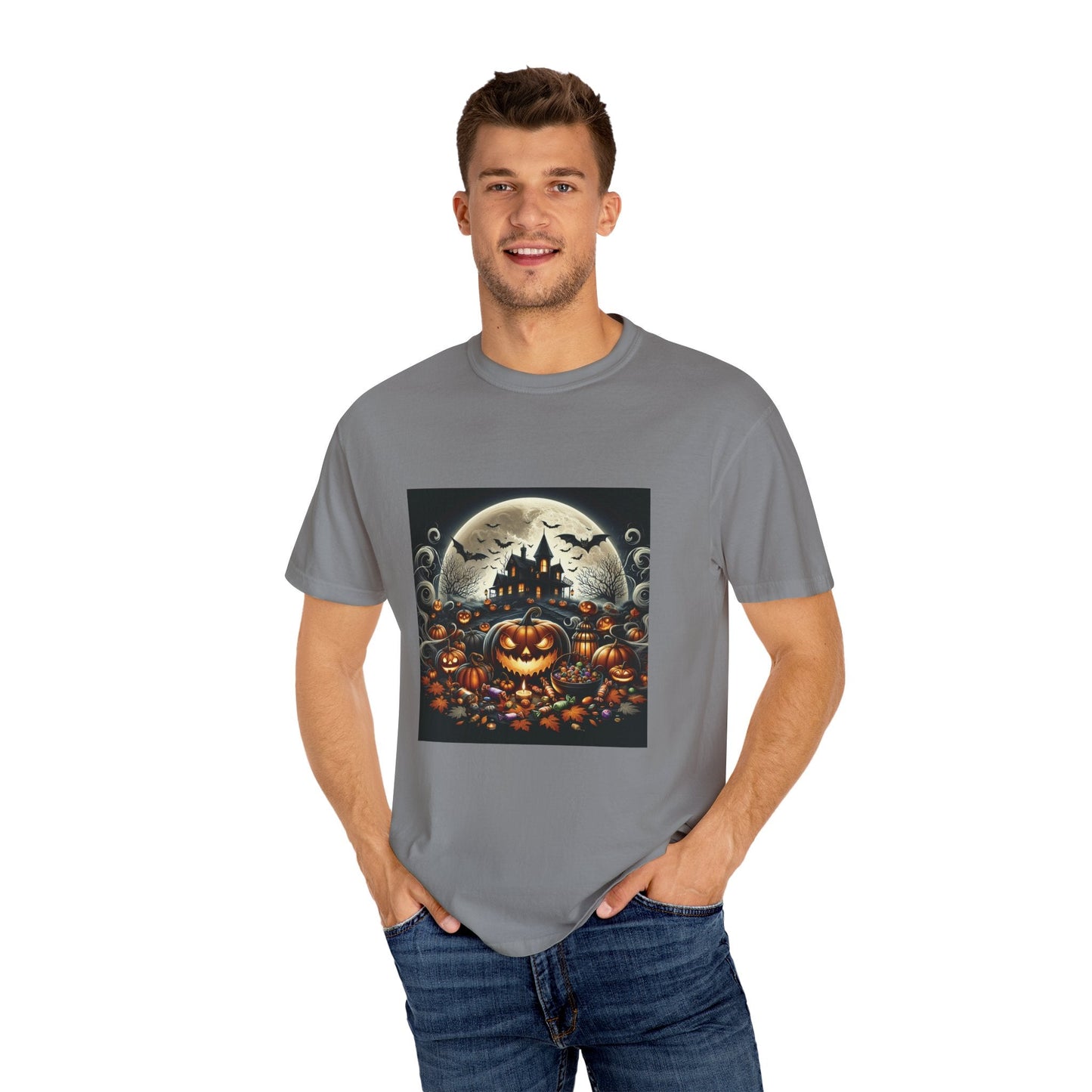 Spooky Halloween T-Shirt, Unisex Fall Shirt, Pumpkin Graphic Tee, Haunted House Top, Autumn Celebration Apparel Printify