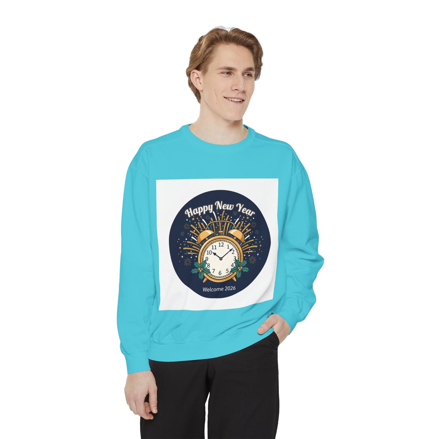 New Year Sweatshirt — "Happy New Year" Clock & Fireworks Graphic