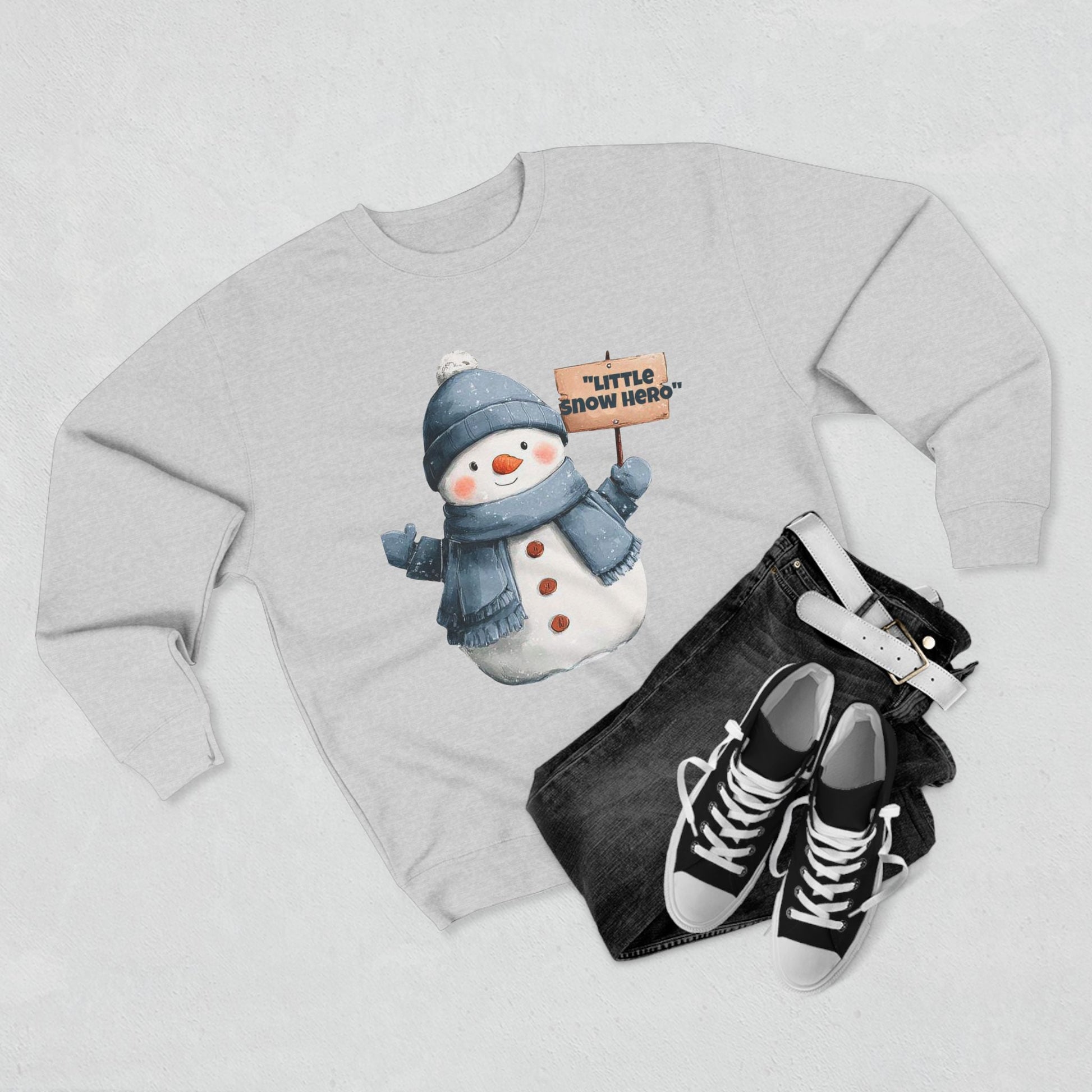 Snowman Sweatshirt - Cute 'Little Snow Hero' Holiday Crewneck Printify