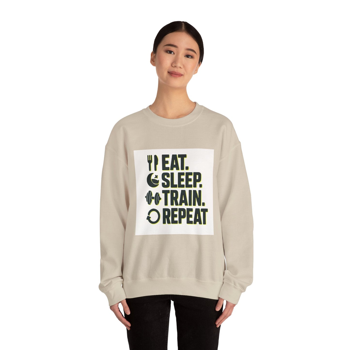 Train Repeat Crewneck Sweatshirt — "Eat. Sleep. Train. Repeat." Fitness Sweatshirt Printify