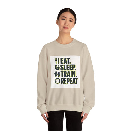 Train Repeat Crewneck Sweatshirt — "Eat. Sleep. Train. Repeat." Fitness Sweatshirt Printify