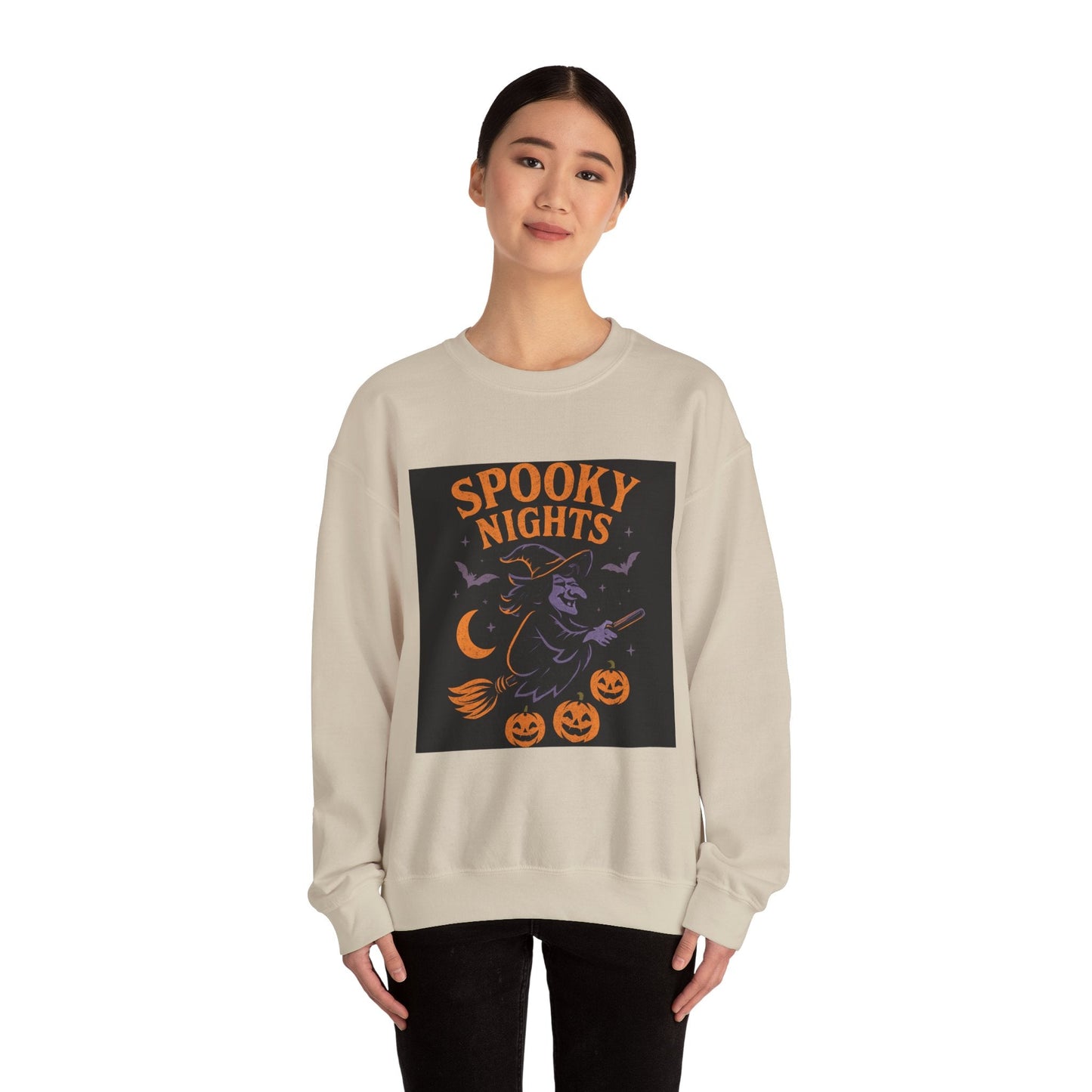 Spooky Nights Sweatshirt — Halloween Witch, Bats & Jack-O'-Lanterns Crewneck Printify