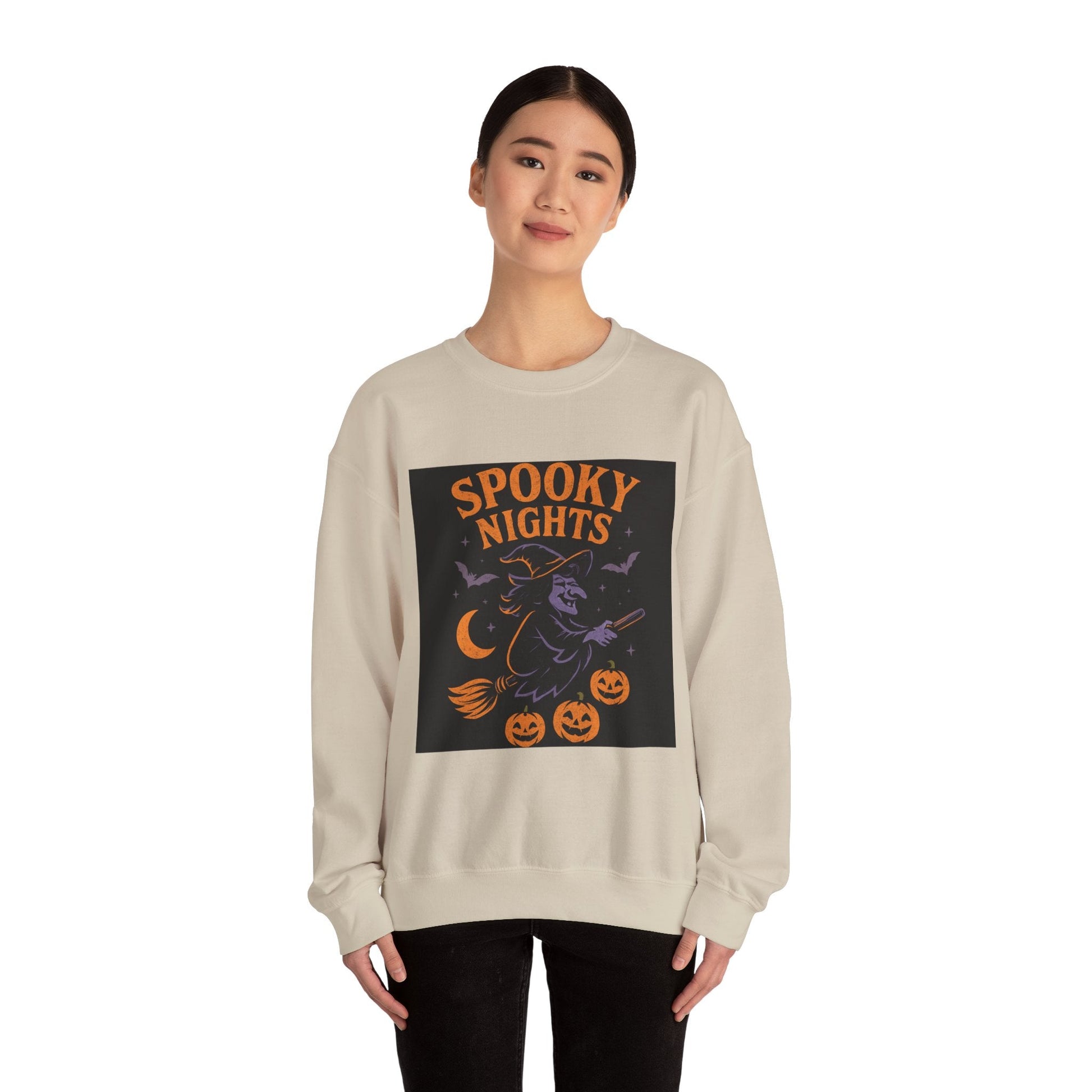Spooky Nights Sweatshirt — Halloween Witch, Bats & Jack-O'-Lanterns Crewneck Printify