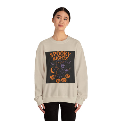 Spooky Nights Sweatshirt — Halloween Witch, Bats & Jack-O'-Lanterns Crewneck Printify
