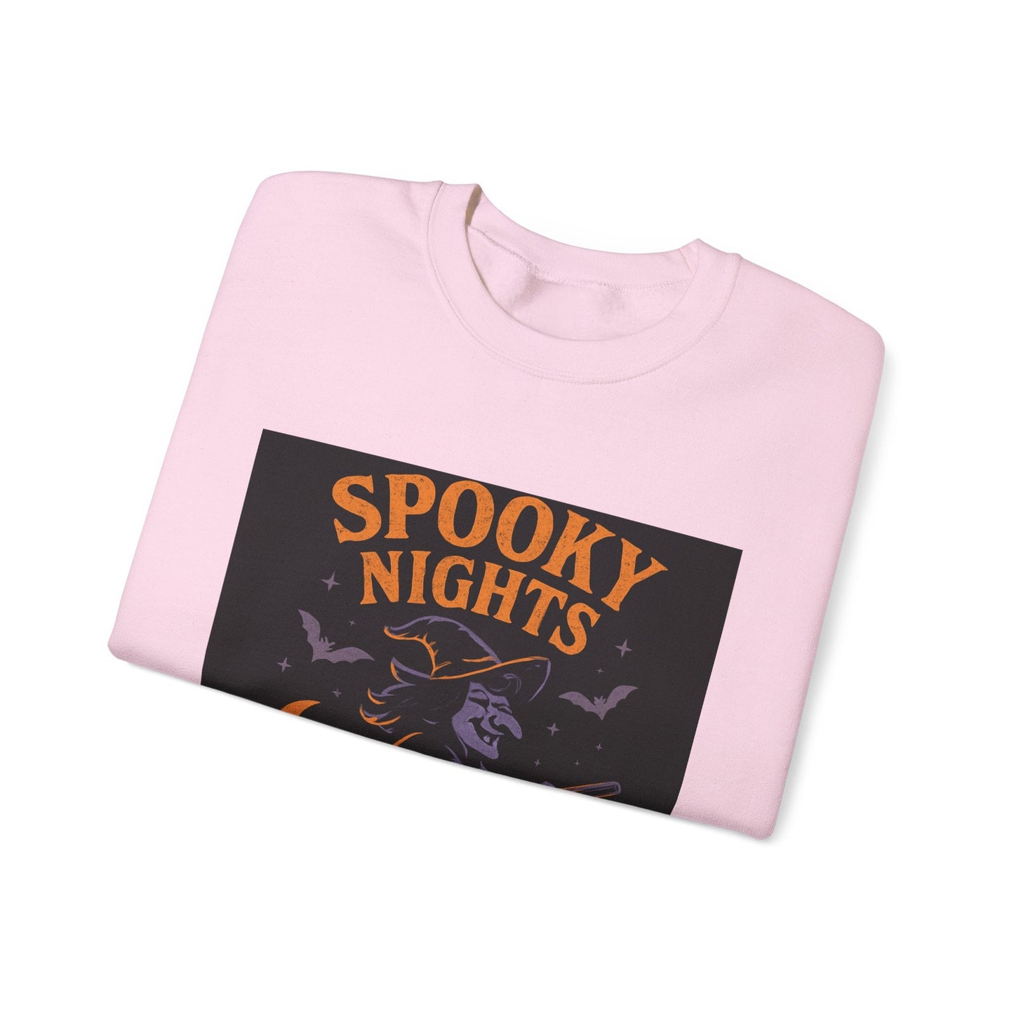 Spooky Nights Sweatshirt — Halloween Witch, Bats & Jack-O'-Lanterns Crewneck Printify