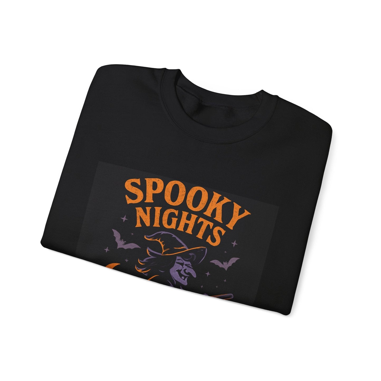 Spooky Nights Sweatshirt — Halloween Witch, Bats & Jack-O'-Lanterns Crewneck Printify
