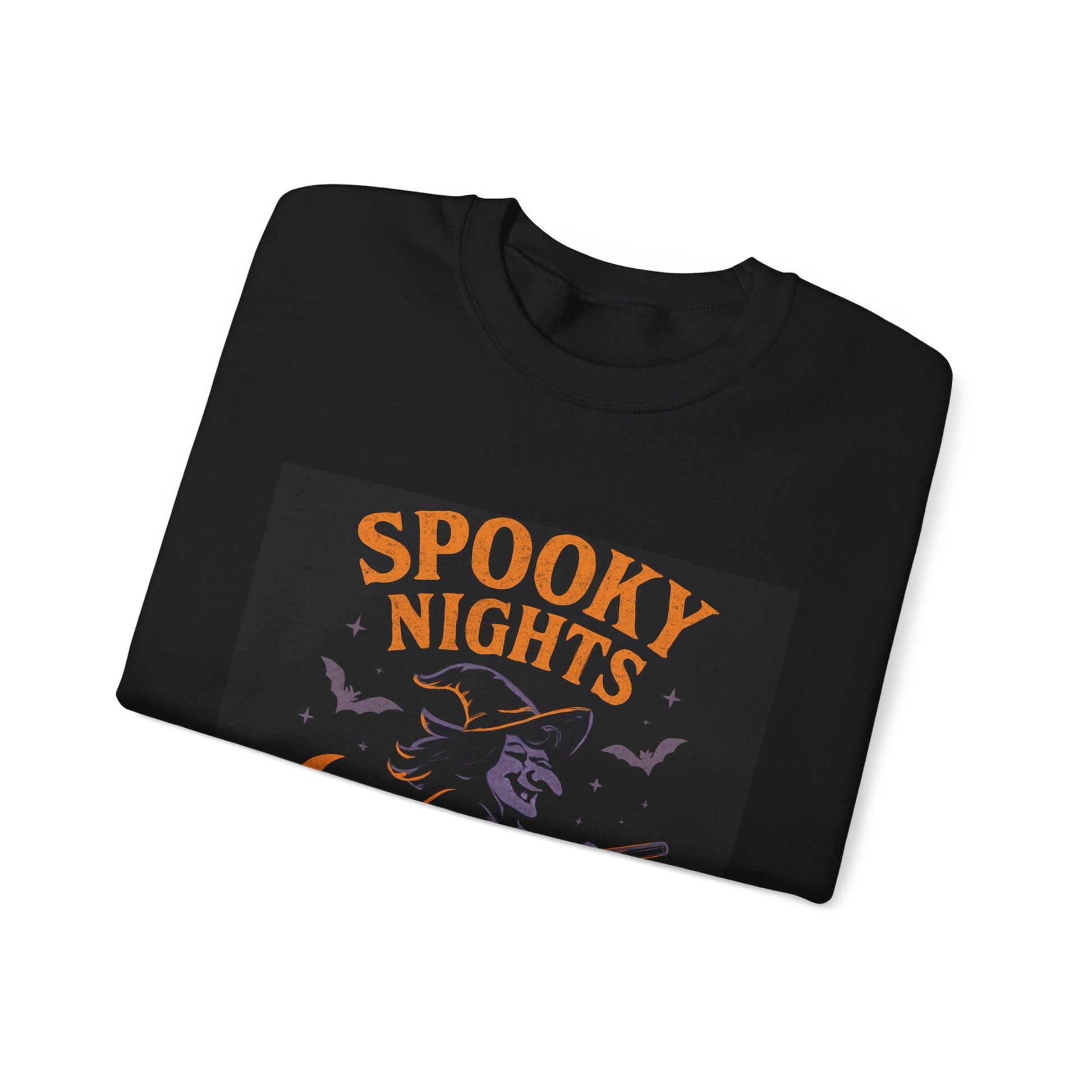 Spooky Nights Sweatshirt — Halloween Witch, Bats & Jack-O'-Lanterns Crewneck Printify