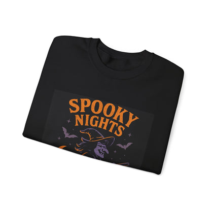 Spooky Nights Sweatshirt — Halloween Witch, Bats & Jack-O'-Lanterns Crewneck Printify