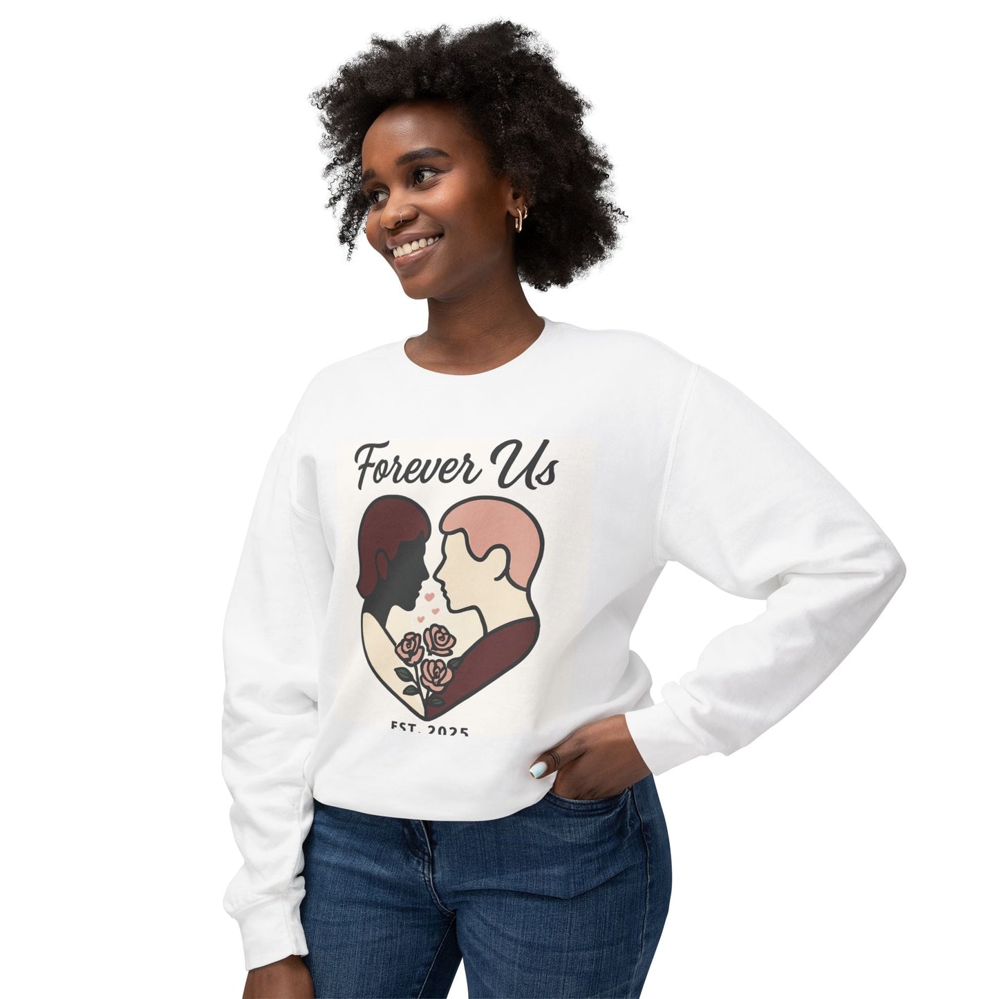 Forever Us Crewneck Sweatshirt — Romantic Couple Heart Design Printify