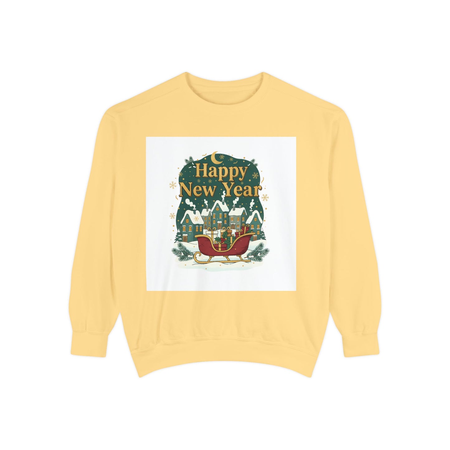Happy New Year Sweatshirt — Festive Sleigh Village Holiday Crewneck