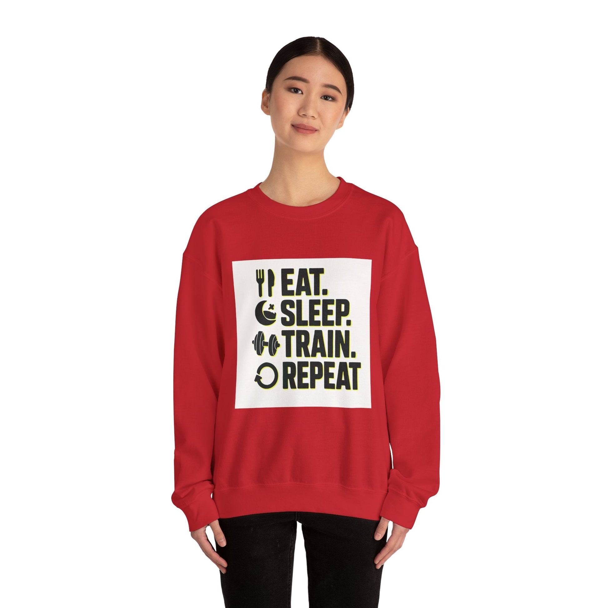 Train Repeat Crewneck Sweatshirt — "Eat. Sleep. Train. Repeat." Fitness Sweatshirt Printify